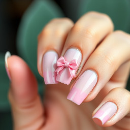 almond pastel pink french tip nails with a rouge pink bow on the ring finger