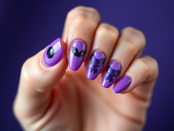Medium almond shaped nails with purple cat eye nail polish. Each finger has a little design of the purple Pokemon Ditto.