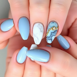 -baby blue cat eye color  -White color (for marble nails) -Almond shaped -Blue&gold junk nails on ring fingers -small gold rhinestones on white/blue cat eye marble nails. No rhinestones on the other nails. The marble is white with the blue One nail in each column needs to be a junk nail. No nails are just white. One nail in each column is marble and gold w/small rhinestones spotted around it