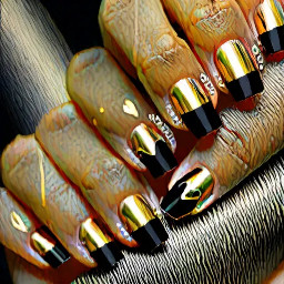 Visuals of toenails that match a nail set that is a nude base, matte black tips on 2 nails, other nails have small thin gold metallic lines with 2 tiny black hearts