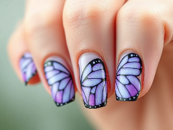 Lavender butterfly wings painted on only the tips of the nails. The rest of the nails are clear coated.