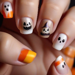 Halloween nails, pumpkin, candy corn, ghosts, patches use browns and oranges