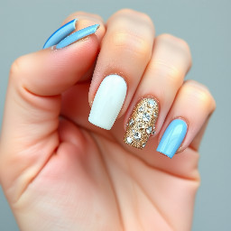 pinky finger is a blue spiral, ring finger solid color(white), middle finger blinged out(gold), pointer and thumb is french tip. the nail shape is square and the colors are blue, white, and gold