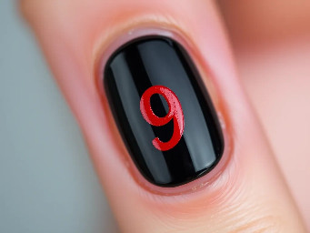 Black nail with a red letter 9 on it