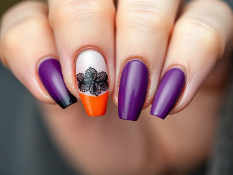 Almond nails, black lace, orange French tips, purple matte
