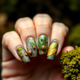 Moss textures Mushrooms Tree bark Ferns Fallen leaves Acorns Tiny insects Earthy matte finishes with dewdrop gloss accents