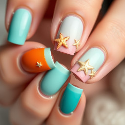 design me nails with orange and teal with star fish french tips and just beachy with some solid color nails