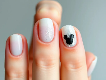 Clear milky white nails with clear fine silver glitter overlay on middle, ring, and thumb, two tiny black Mickey Mouse heads on ring finger