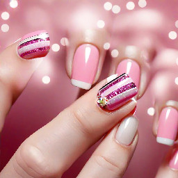 Short square Victoria’s Secret two tone pink stripe French, glitter stripe underneath French, pearl and pink gem bangle nail, chrome