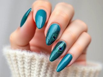 I want almond shaped dip nails with medium length extension, with a design in peacock teal