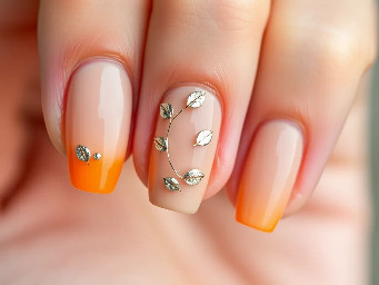 Je veux que mon pouce et mon petit doigt reste orange comme base peut-être avec des petites décorations dessus, collées ou des feuilles argentées pour les trois doigts du milieu, je veux qu’ils y restent avec une base beige et chacun du nail art par-dessus peut-être un qui reste complètement beige et juste que je colle quelque chose dessus, peut-être avec des vagues peut-être avec une French ou des dessins je sais pas trop