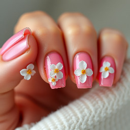 pink chrome nails on soft squares somewhat short length with white flowers