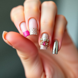Short square Victoria’s Secret two tone pink stripe French, glitter stripe underneath French, pearl and pink gem bangle nail, chrome