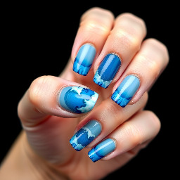 French tip nail design blue with ocean waves theme